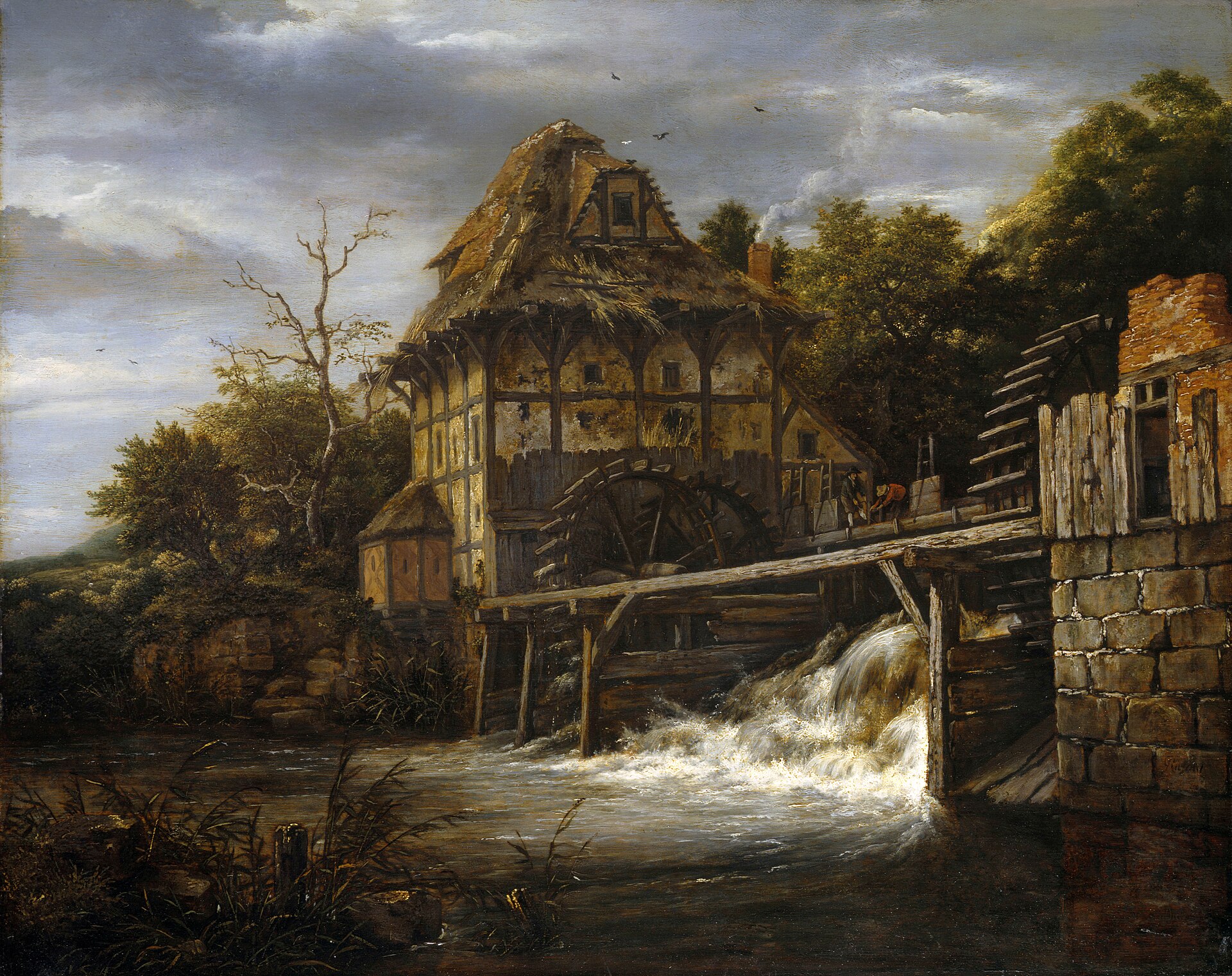 Imagem de referência de Dois moinhos de água com homens abrindo uma comporta, descrito nos dados abertos como pintura de Jacob van Ruisdael