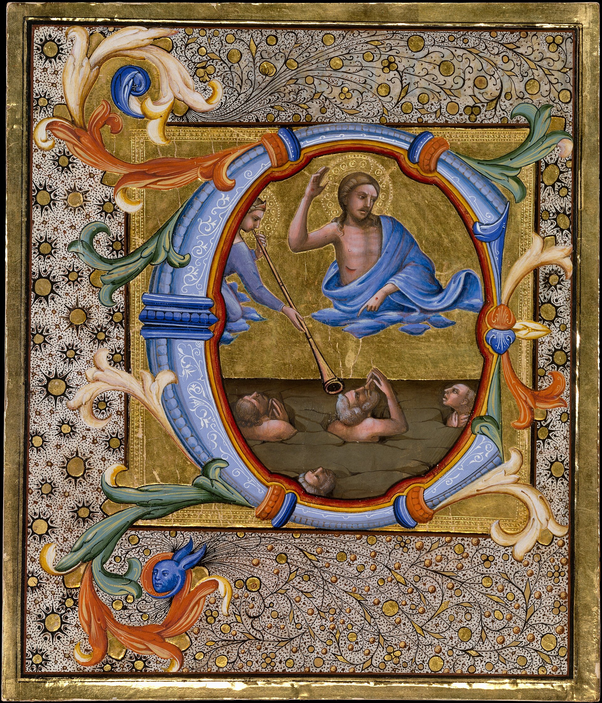 Imagem de referência de O Juízo Final, dentro da letra C, descrito nos dados abertos como iluminura de Lorenzo Monaco (Piero di Giovanni)