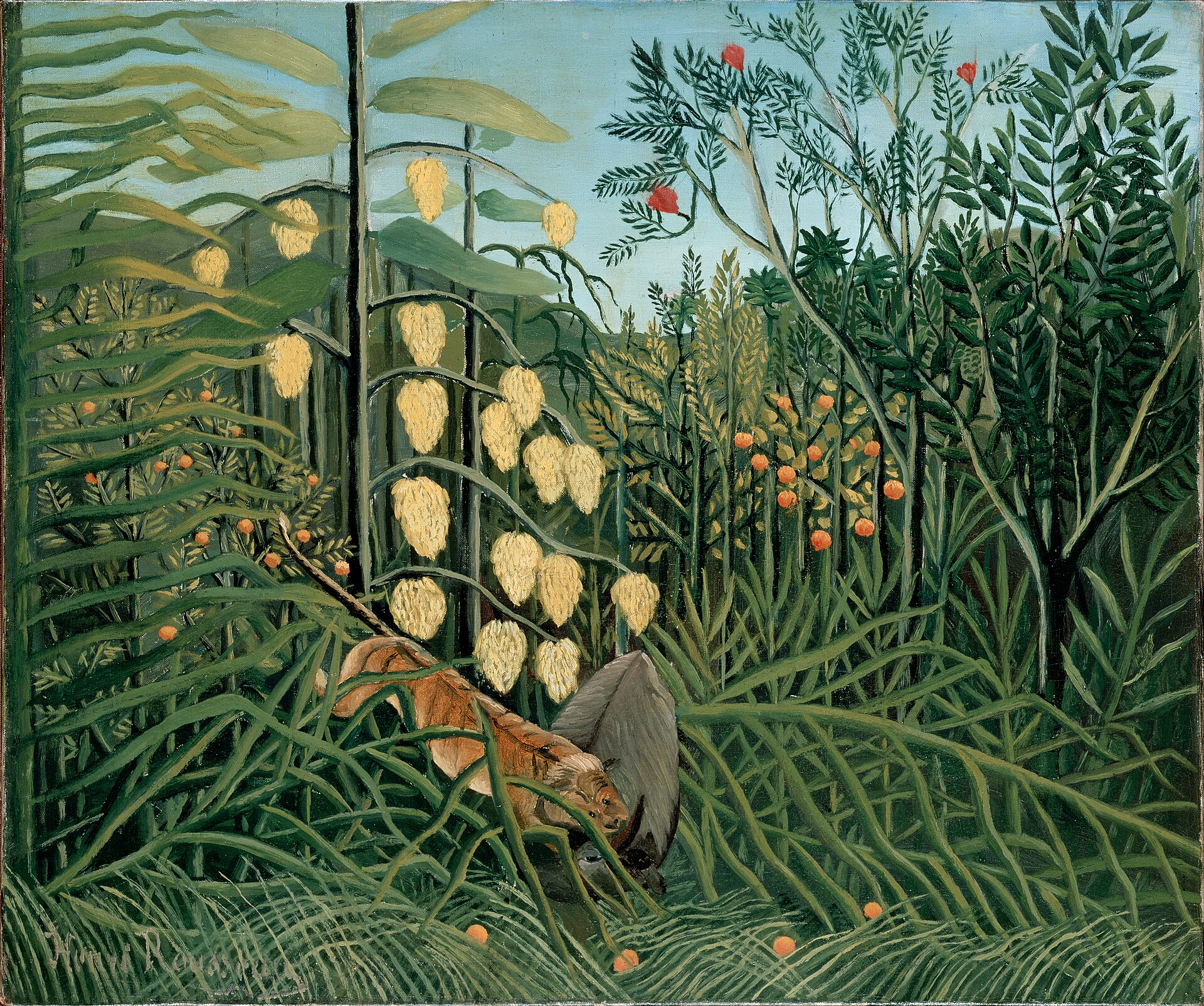Imagem de referência de Numa floresta tropical. Luta entre Tigre e Touro, descrito nos dados abertos como pintura de Henri Rousseau