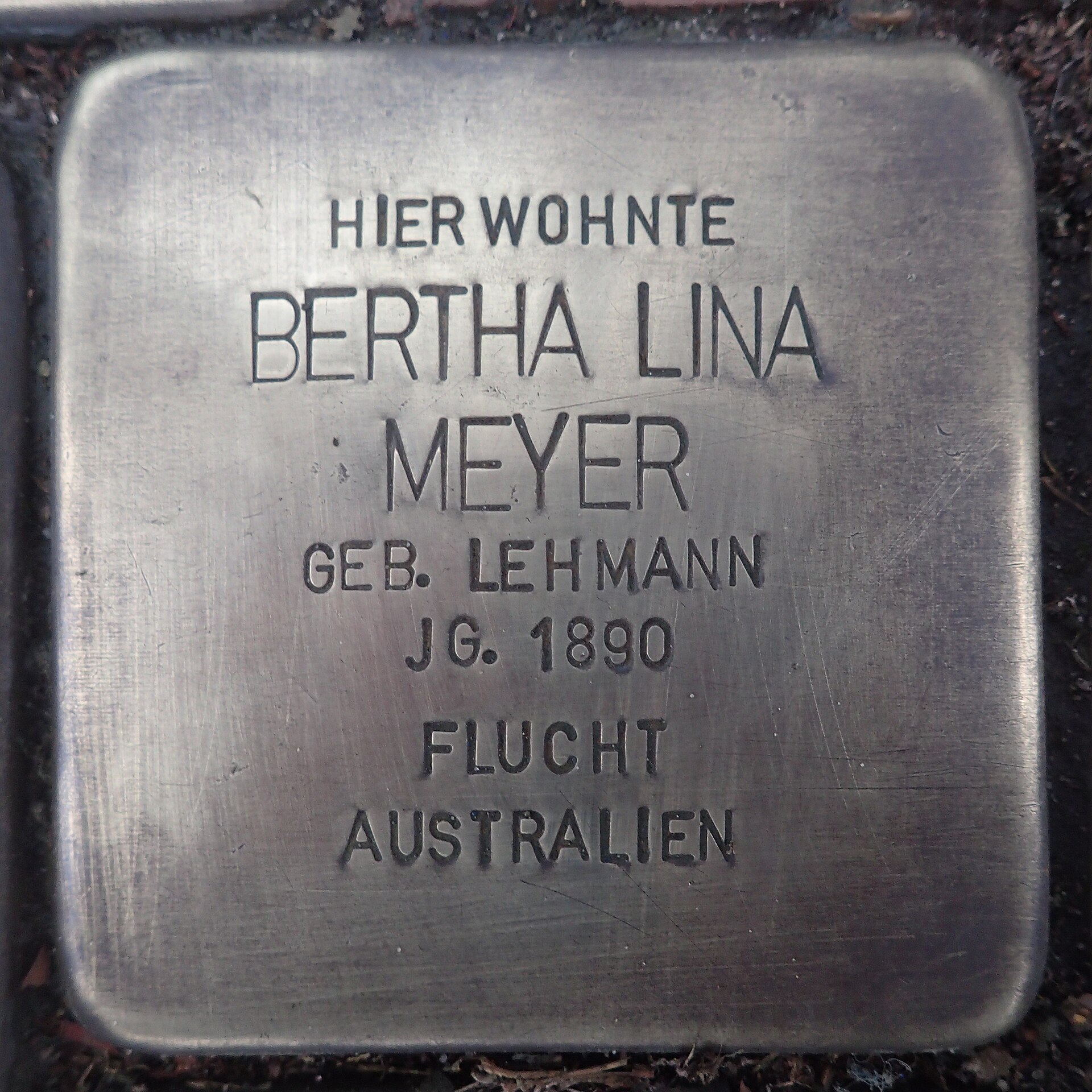 Imagem de referência de Stolperstein para Bertha Lehmann, descrito nos dados abertos como stolperstein em Verden (Aller), Alemanha