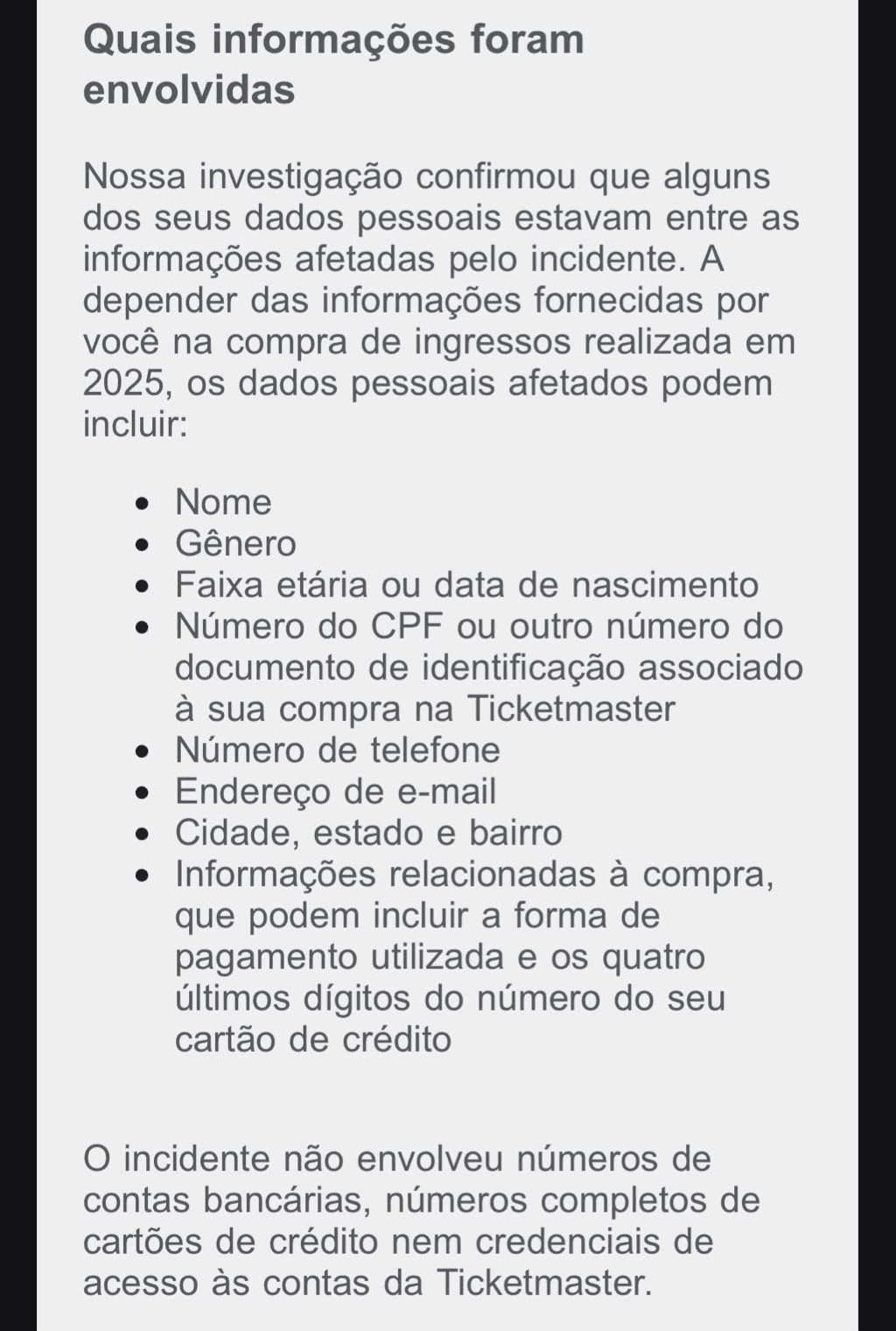 e-mail da ticketmaster enviado aos afetados