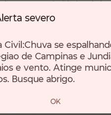 Alerta severo de chuvas enviado pela Defesa Civil de São Paulo à região de Campinas na tarde deste domingo, 4. Foto: Reprodução