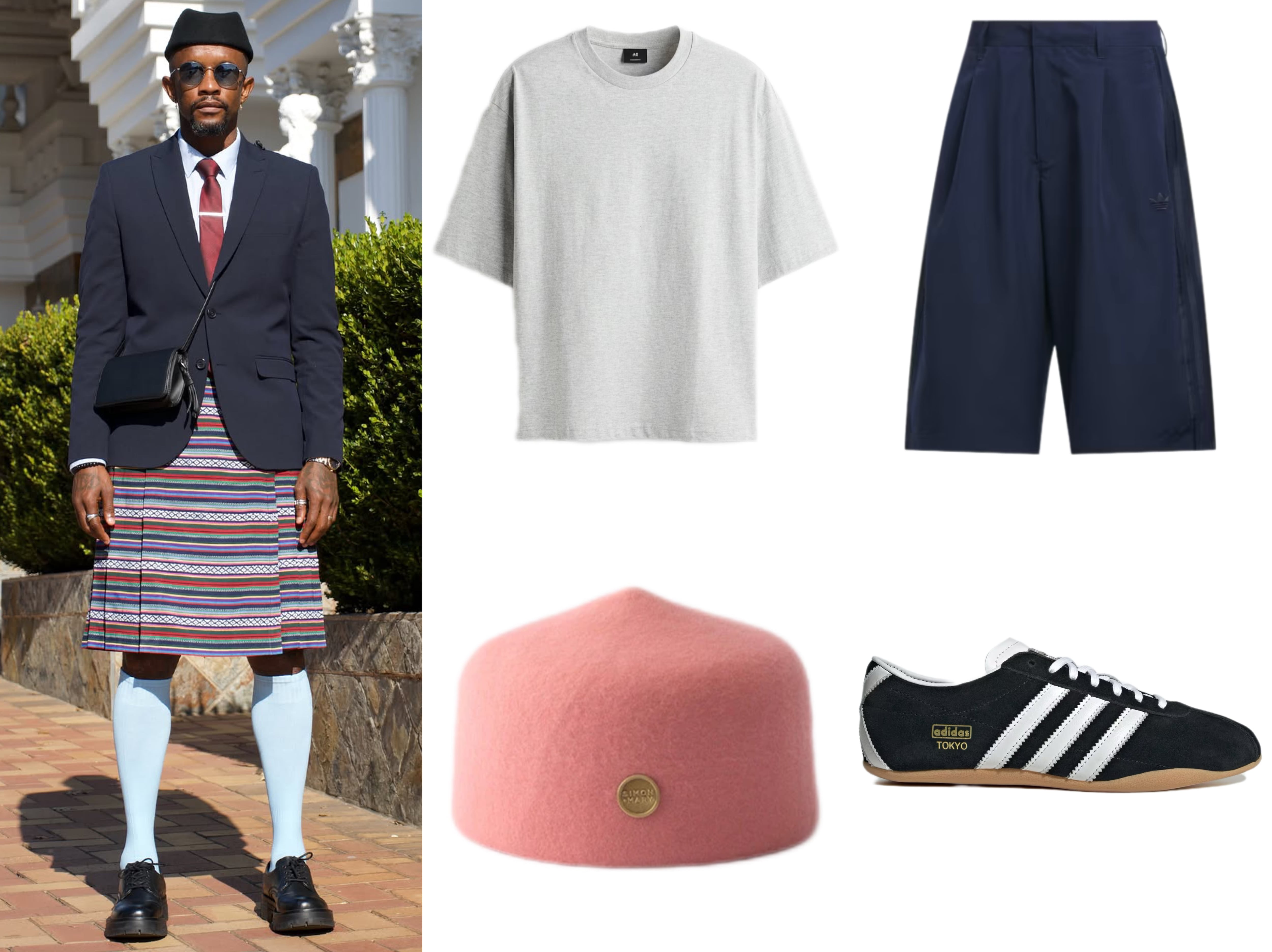 Clockwise: 1. Classic fez, Simon & Mary, R900. 2. Oversized fit t-shirt — grey marl, H&M, R239. 3. Originals woven short, Adidas, R 1,399. 4. Adidas Originals Tokyo Shoes, Adidas, R1,500. Picture: Instagram/@LindaMntambo