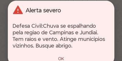 Alerta severo de chuvas enviado pela Defesa Civil de S&atilde;o Paulo &agrave; regi&atilde;o de Campinas na tarde deste domingo, 4. Foto: Reprodu&ccedil;&atilde;o