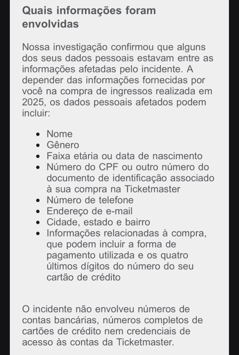 Vazamento expõe dados de clientes da Ticketmaster no Brasil