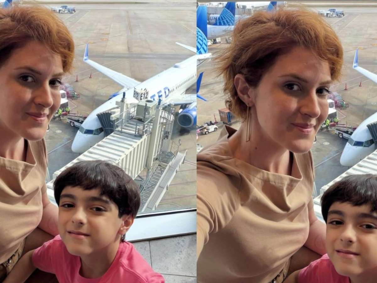 Viúva de Lito Sousa retorna ao Brasil com o filho após viagem aos EUA