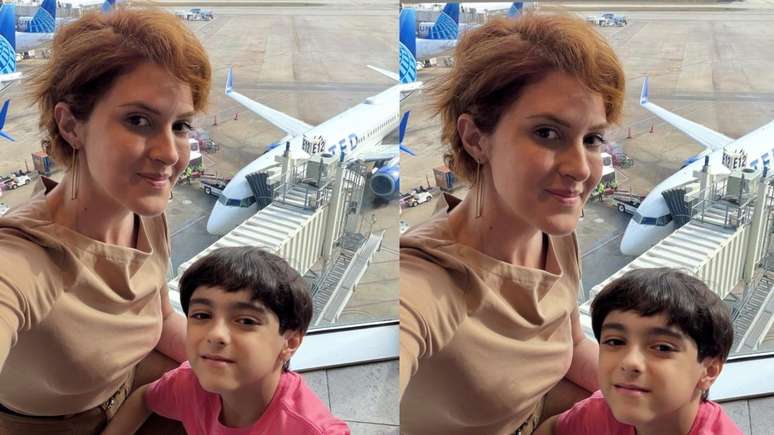 Viúva de Lito Sousa retorna ao Brasil com o filho após viagem aos EUA