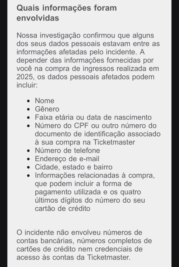 Vazamento expõe dados de clientes da Ticketmaster no Brasil